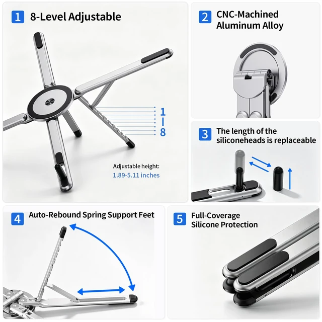 Alt view image 7 of 7 - Portable Laptop Stand, 3-in-1 Magnetic Foldable Adjustable, for DeskWhite Aluminum alloy, lightweight compact, 8-level height, ergonomic, for phone/tablet, home office/travel