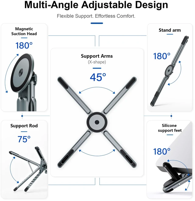 Alt view image 4 of 7 - Portable Laptop Stand, 3-in-1 Magnetic Foldable Adjustable, for DeskGray Aluminum alloy, lightweight compact, 8-level height, ergonomic, for phone/tablet, home office/travel