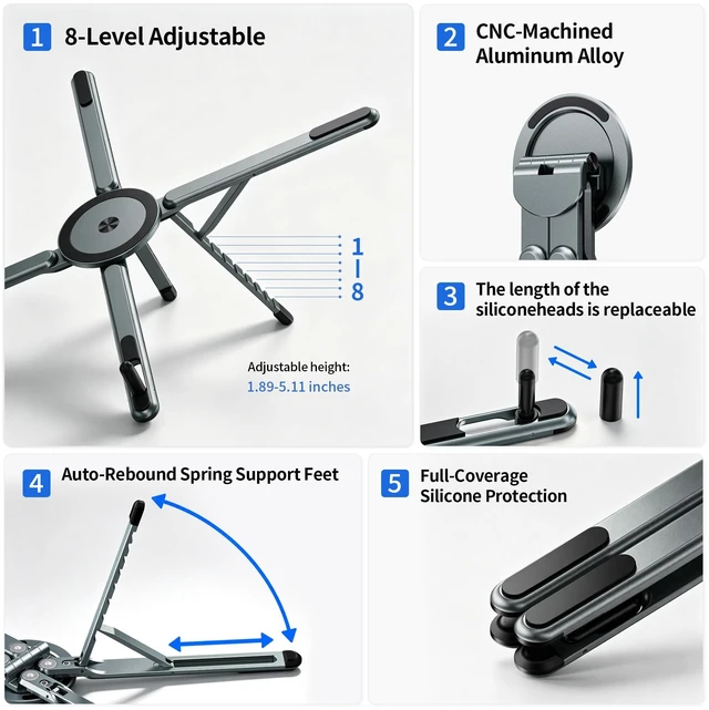 Alt view image 6 of 7 - Portable Laptop Stand, 3-in-1 Magnetic Foldable Adjustable, for DeskGray Aluminum alloy, lightweight compact, 8-level height, ergonomic, for phone/tablet, home office/travel