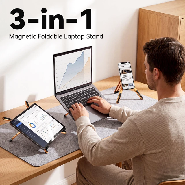 Alt view image 2 of 7 - Portable Laptop Stand, 3-in-1 Magnetic Foldable Adjustable, for Desk Aluminum alloy, lightweight compact, 8-level height, ergonomic, for phone/tablet, home office/travel