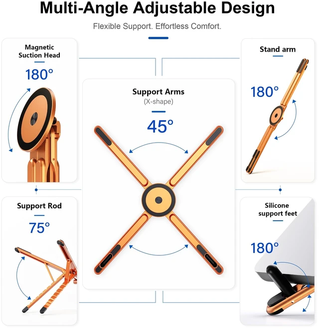 Alt view image 4 of 7 - Portable Laptop Stand, 3-in-1 Magnetic Foldable Adjustable, for Desk Aluminum alloy, lightweight compact, 8-level height, ergonomic, for phone/tablet, home office/travel