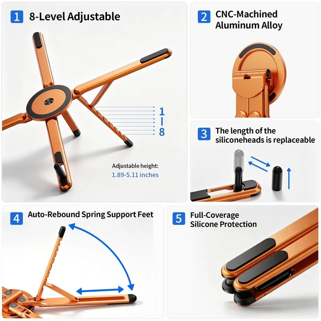 Alt view image 6 of 7 - Portable Laptop Stand, 3-in-1 Magnetic Foldable Adjustable, for Desk Aluminum alloy, lightweight compact, 8-level height, ergonomic, for phone/tablet, home office/travel