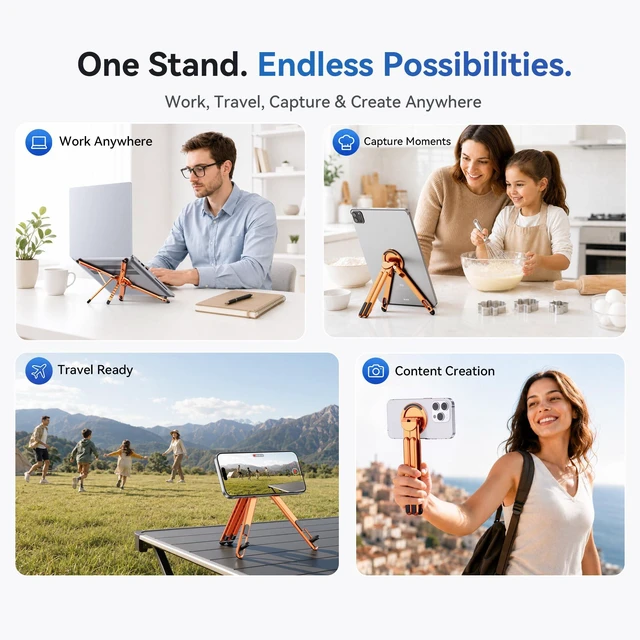 Alt view image 5 of 7 - Portable Laptop Stand, 3-in-1 Magnetic Foldable Adjustable, for Desk Aluminum alloy, lightweight compact, 8-level height, ergonomic, for phone/tablet, home office/travel