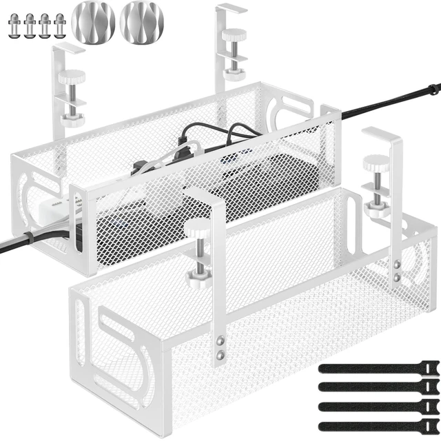 Main image of Under Desk Cable Management Tray, 15.7'' No Drill Steel Desk Cable Organizers, Wire Management Tray Cable Management Rack (2 Packs-White)