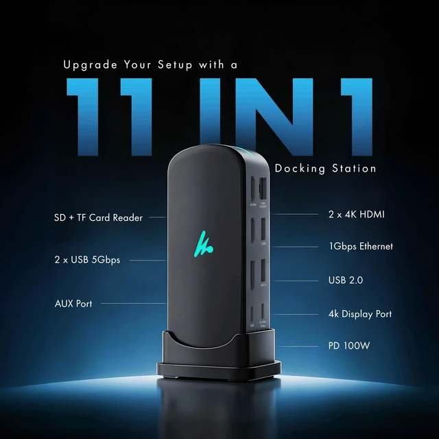 Alt view image 2 of 7 - Type C 11 in 1 Docking Station, PD 100W, 2X4K@60Hz HDMI, 4K DisplayPort,2XUSB 5Gbps, 1 Gigabit Ethernet, SD/TF,AUX Port, Compatible Thunderbolt 4, macOS, Windows, Android & iOS