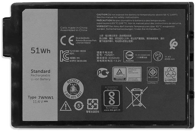 Main image of 51Wh 7WNW1 Laptop Battery Compatible with Dell Latitude 5424 5420 7424 Rugged Extreme P85G P86G P137G001 P137G002 P85G001 P86G001 Series DMF8C 0DMF8C GK3D3 07WNW1 11.4V 4342mAh