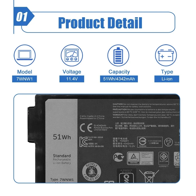 Alt view image 2 of 6 - 51Wh 7WNW1 Laptop Battery Compatible with Dell Latitude 5424 5420 7424 Rugged Extreme P85G P86G P137G001 P137G002 P85G001 P86G001 Series DMF8C 0DMF8C GK3D3 07WNW1 11.4V 4342mAh