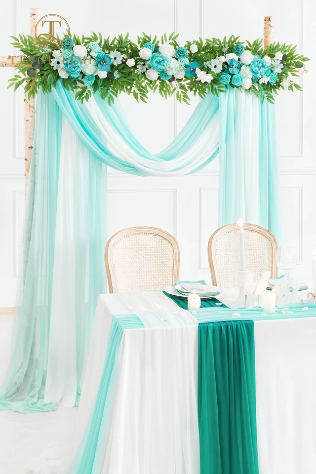 Alt view image 5 of 7 - Weddings Arch Draping Fabric 3-Panel Ombre, Sheer Swag 30"x 20ft Chiffon Tulle Curtain Shimmery Ombre Swag Decor for Wedding Ceremonies Outdoor Event Birthday Parties Showers