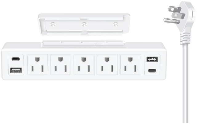 Main image of 40W Under Desk Power Strip Surge Protector 1200J 5 Outlet 4 USB 6FT White 20W USB-C Fast Charging Mountable Flat Plug Power Strip 9 in 1 Desk Outlet Home Office