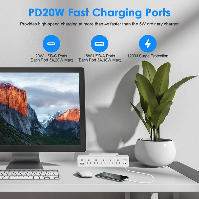 Alt view image 2 of 7 - 40W Under Desk Power Strip Surge Protector 1200J 5 Outlet 4 USB 6FT White 20W USB-C Fast Charging Mountable Flat Plug Power Strip 9 in 1 Desk Outlet Home Office
