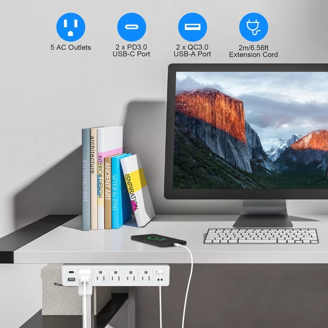 Alt view image 3 of 7 - 40W Under Desk Power Strip Surge Protector 1200J 5 Outlet 4 USB 6FT White 20W USB-C Fast Charging Mountable Flat Plug Power Strip 9 in 1 Desk Outlet Home Office