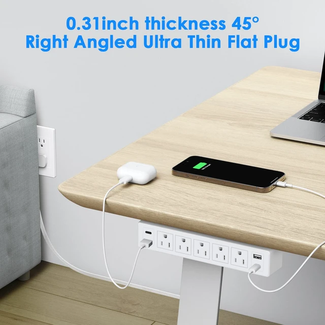 Alt view image 4 of 7 - 40W Under Desk Power Strip Surge Protector 1200J 5 Outlet 4 USB 6FT White 20W USB-C Fast Charging Mountable Flat Plug Power Strip 9 in 1 Desk Outlet Home Office