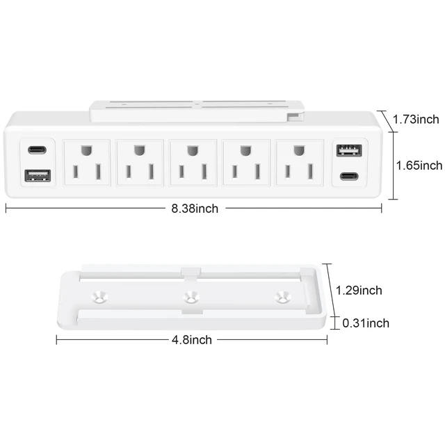 Alt view image 6 of 7 - 40W Under Desk Power Strip Surge Protector 1200J 5 Outlet 4 USB 6FT White 20W USB-C Fast Charging Mountable Flat Plug Power Strip 9 in 1 Desk Outlet Home Office