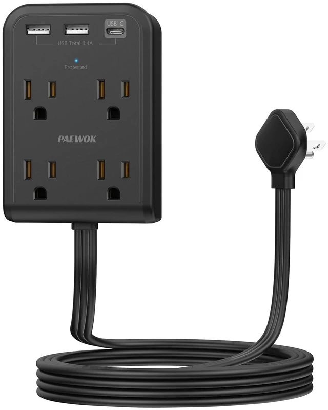 Main image of Outlet Extender Stick, Extension Cord Flat Wall Plug, 6 FT Flat Plug Power Strip with USB C Ports, 4 Outlet, 3 USB, Home Office Dorm Room Essentials, Wall Mount, Black