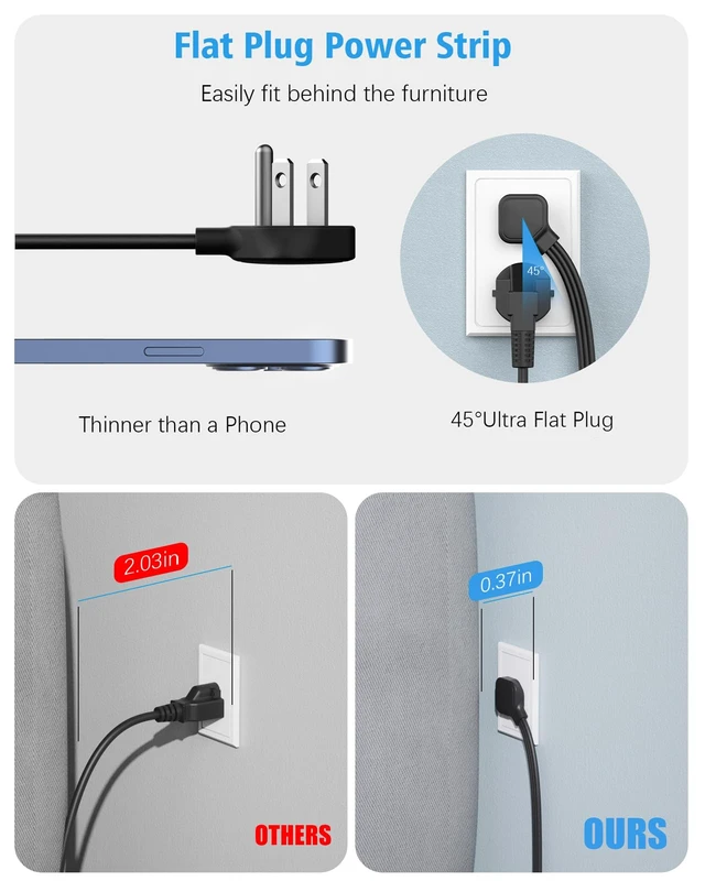 Alt view image 2 of 6 - Outlet Extender Stick, Extension Cord Flat Wall Plug, 6 FT Flat Plug Power Strip with USB C Ports, 4 Outlet, 3 USB, Home Office Dorm Room Essentials, Wall Mount, Black
