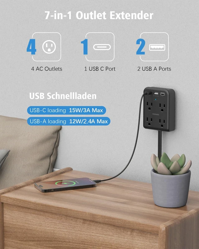 Alt view image 3 of 6 - Outlet Extender Stick, Extension Cord Flat Wall Plug, 6 FT Flat Plug Power Strip with USB C Ports, 4 Outlet, 3 USB, Home Office Dorm Room Essentials, Wall Mount, Black