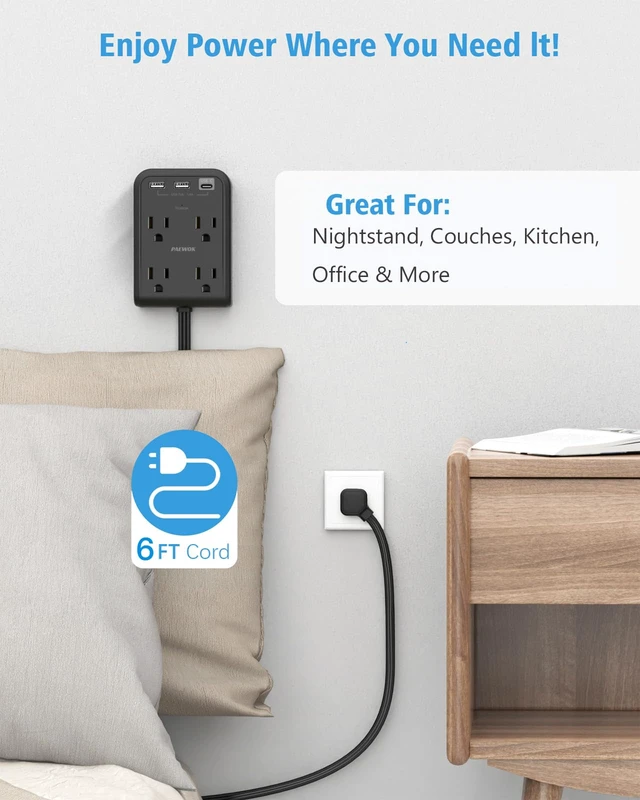 Alt view image 5 of 6 - Outlet Extender Stick, Extension Cord Flat Wall Plug, 6 FT Flat Plug Power Strip with USB C Ports, 4 Outlet, 3 USB, Home Office Dorm Room Essentials, Wall Mount, Black