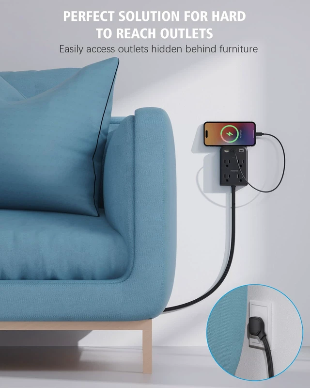 Alt view image 6 of 6 - Outlet Extender Stick, Extension Cord Flat Wall Plug, 6 FT Flat Plug Power Strip with USB C Ports, 4 Outlet, 3 USB, Home Office Dorm Room Essentials, Wall Mount, Black