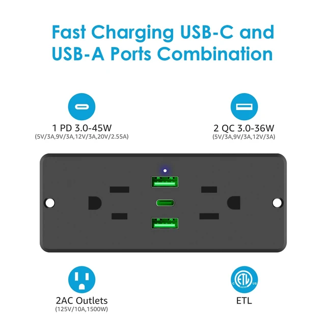 Alt view image 2 of 7 - 5 in 1 Recessed Power Strip Flat Plug, USB Ports, Black, 6ft Cord 45W Fast Charging Furniture Outlet, Conference Recessed Socket with 2 AC Plugs, 2 USB Ports 1 USB-C