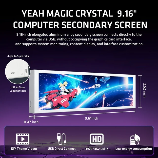 Alt view image 3 of 7 - Crystal 9.16" PC Secondary Display IPS Monitor White Customizable Interface, Real-Time CPU/GPU Monitoring, Easy Software Setup, Desktop & PC Case Mounting Options