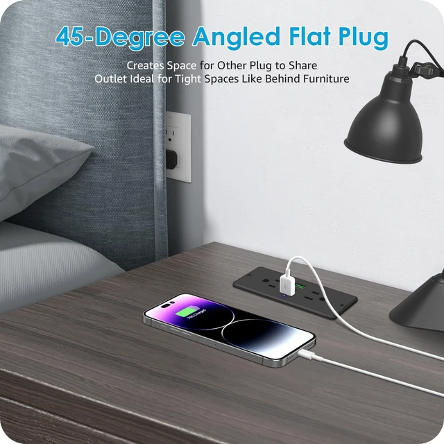 Alt view image 5 of 7 - 5 in 1 Recessed Power Strip Flat Plug, USB Ports, Black, 6ft Cord 45W Fast Charging Furniture Outlet, Conference Recessed Socket with 2 AC Plugs, 2 USB Ports 1 USB-C