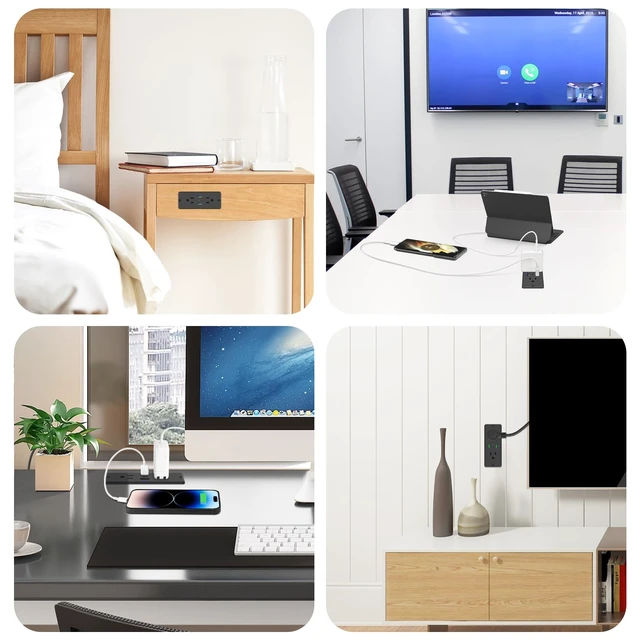 Alt view image 7 of 7 - 5 in 1 Recessed Power Strip Flat Plug, USB Ports, Black, 6ft Cord 45W Fast Charging Furniture Outlet, Conference Recessed Socket with 2 AC Plugs, 2 USB Ports 1 USB-C