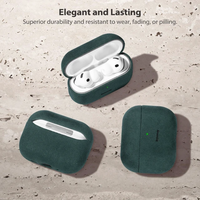 Alt view image 3 of 7 - Handcrafted Alcantara Case for AirPods Pro 3 (2025) Midnight Green Authentic Italian Suede-Like Material, Comfortable Grip, Fade and Wear Resistant, Full-wrap cover Compatible with MagSafe