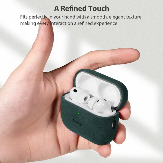 Alt view image 4 of 7 - Handcrafted Alcantara Case for AirPods Pro 3 (2025) Midnight Green Authentic Italian Suede-Like Material, Comfortable Grip, Fade and Wear Resistant, Full-wrap cover Compatible with MagSafe
