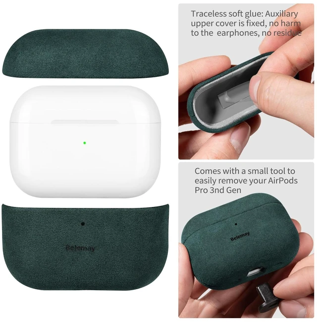 Alt view image 7 of 7 - Handcrafted Alcantara Case for AirPods Pro 3 (2025) Midnight Green Authentic Italian Suede-Like Material, Comfortable Grip, Fade and Wear Resistant, Full-wrap cover Compatible with MagSafe
