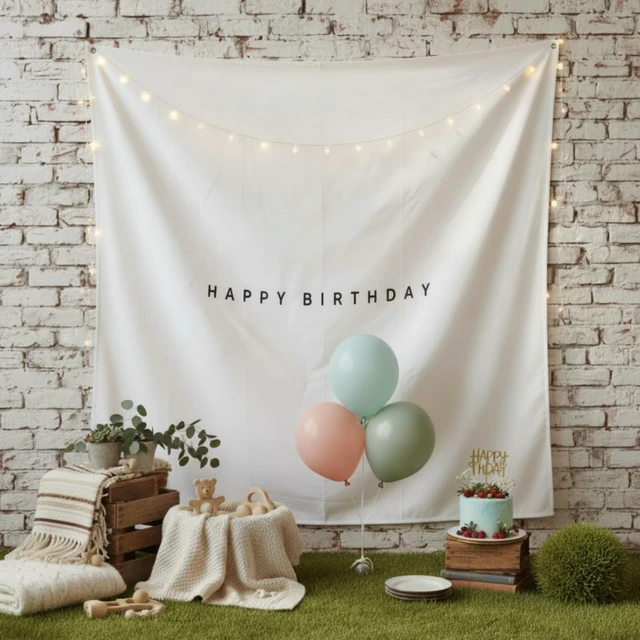 Alt view image 4 of 6 - 3.3 x 3.3 ft Fabric Happy Birthday Banner Boho Birthday Backdrop Boho Birthday Wall Decor Background Party Supplies for Outdoor Indoor Porch Bday Party Photo Props