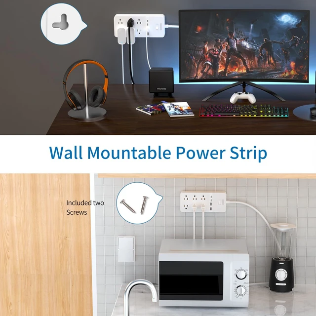 Alt view image 3 of 7 - 2 Prong Power Strip with 10ft Extension Cord,1875W with 6 Outlets 4 USB Ports (2 USB C), 3 Prong Outlet Adapter, Wall Mount for Non-Grounded Plug, Ideal for Old House
