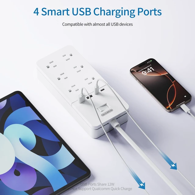Alt view image 5 of 7 - 2 Prong Power Strip with 10ft Extension Cord,1875W with 6 Outlets 4 USB Ports (2 USB C), 3 Prong Outlet Adapter, Wall Mount for Non-Grounded Plug, Ideal for Old House
