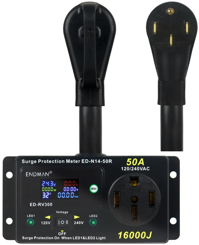 Main image of 50 Amp RV Surge Protector with kWh Energy Monitor -16,000 Joules 16,000 Joules Lightning Protection - Digital Power Meter Display (Volts, Amps, Watts, Temp) for Motorhome (NEMA 14-50P)