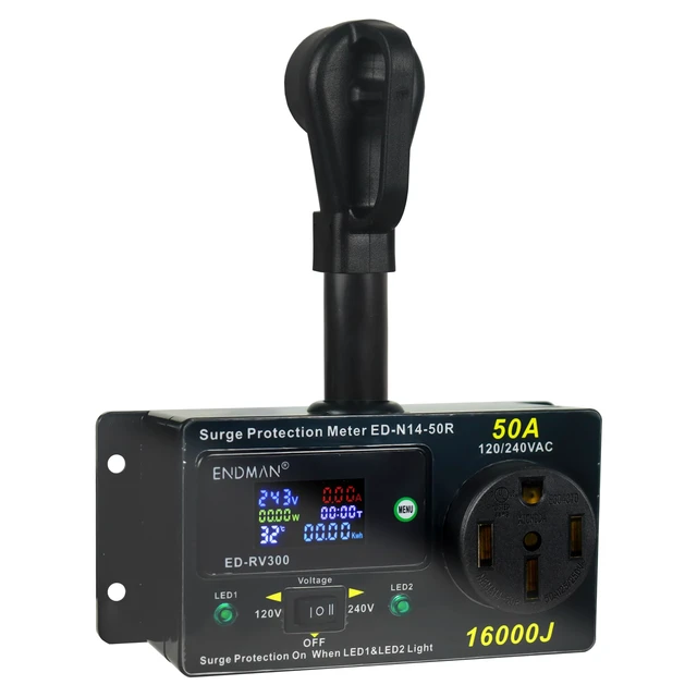 Alt view image 2 of 7 - 50 Amp RV Surge Protector with kWh Energy Monitor -16,000 Joules 16,000 Joules Lightning Protection - Digital Power Meter Display (Volts, Amps, Watts, Temp) for Motorhome (NEMA 14-50P)