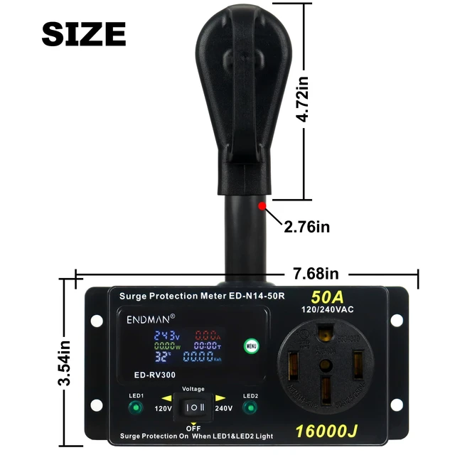 Alt view image 3 of 7 - 50 Amp RV Surge Protector with kWh Energy Monitor -16,000 Joules 16,000 Joules Lightning Protection - Digital Power Meter Display (Volts, Amps, Watts, Temp) for Motorhome (NEMA 14-50P)