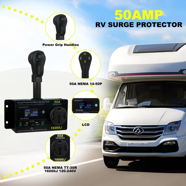 Alt view image 4 of 7 - 50 Amp RV Surge Protector with kWh Energy Monitor -16,000 Joules 16,000 Joules Lightning Protection - Digital Power Meter Display (Volts, Amps, Watts, Temp) for Motorhome (NEMA 14-50P)