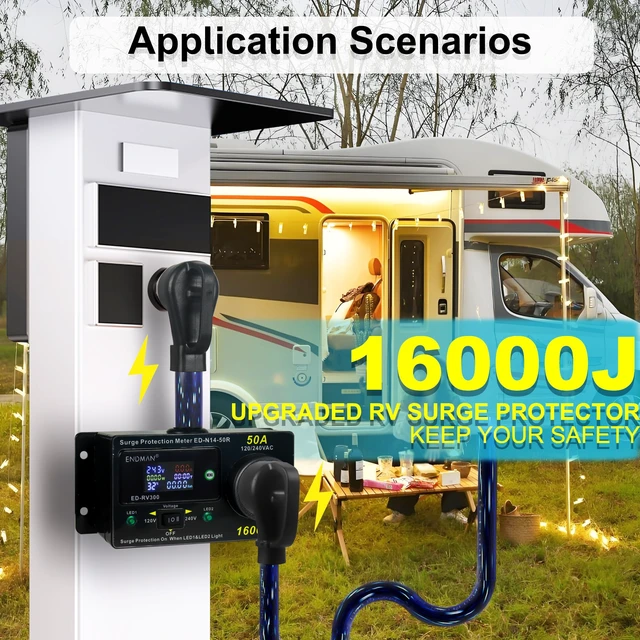 Alt view image 6 of 7 - 50 Amp RV Surge Protector with kWh Energy Monitor -16,000 Joules 16,000 Joules Lightning Protection - Digital Power Meter Display (Volts, Amps, Watts, Temp) for Motorhome (NEMA 14-50P)