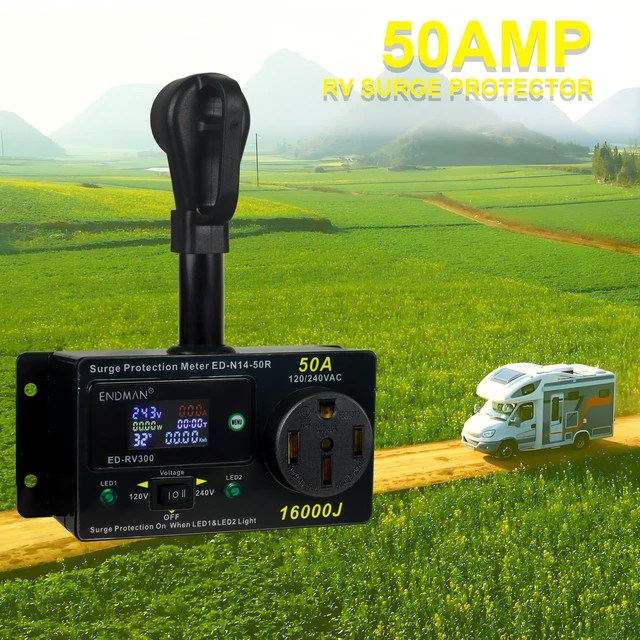 Alt view image 7 of 7 - 50 Amp RV Surge Protector with kWh Energy Monitor -16,000 Joules 16,000 Joules Lightning Protection - Digital Power Meter Display (Volts, Amps, Watts, Temp) for Motorhome (NEMA 14-50P)