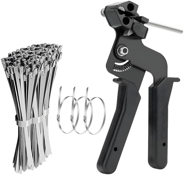 Main image of Stainless Steel Cable Tie Gun Black Kit, 100 Pack Metal Zip Ties,11.8" 100 × 11.8" heavy-duty 304 ties, 1 plier/gun, epoxy-coated, self-locking design for secure outdoor fastening