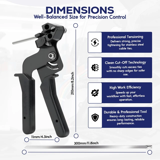 Alt view image 2 of 7 - Stainless Steel Cable Tie Gun Black Kit, 100 Pack Metal Zip Ties,11.8" 100 × 11.8" heavy-duty 304 ties, 1 plier/gun, epoxy-coated, self-locking design for secure outdoor fastening