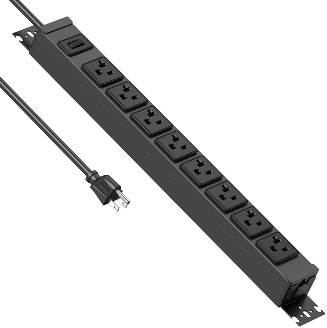 Main image of Heavy Duty Power Strip Wall Mount, 20 Amp Surge Protector 1200J Metal 8 Outlet Under Desk Mounted 20A, Garage Power Table Socket Industrial Outlets 6-20R T-Slot, Black-6FT 12AWG Extension Cord