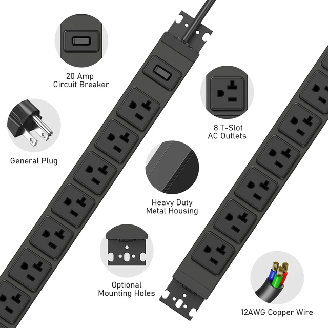 Alt view image 3 of 7 - Heavy Duty Power Strip Wall Mount, 20 Amp Surge Protector 1200J Metal 8 Outlet Under Desk Mounted 20A, Garage Power Table Socket Industrial Outlets 6-20R T-Slot, Black-6FT 12AWG Extension Cord
