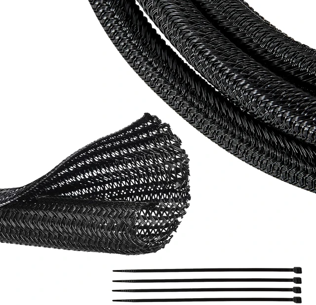 Main image of Braided Wire Cable Sleeve Split Wiring Sleeving 10 Feet - 1/2" Flexible Self-Wrap for Automotive Computer Cable Cord Management Cover Protector, Anti-Scratch High-Temperature Black