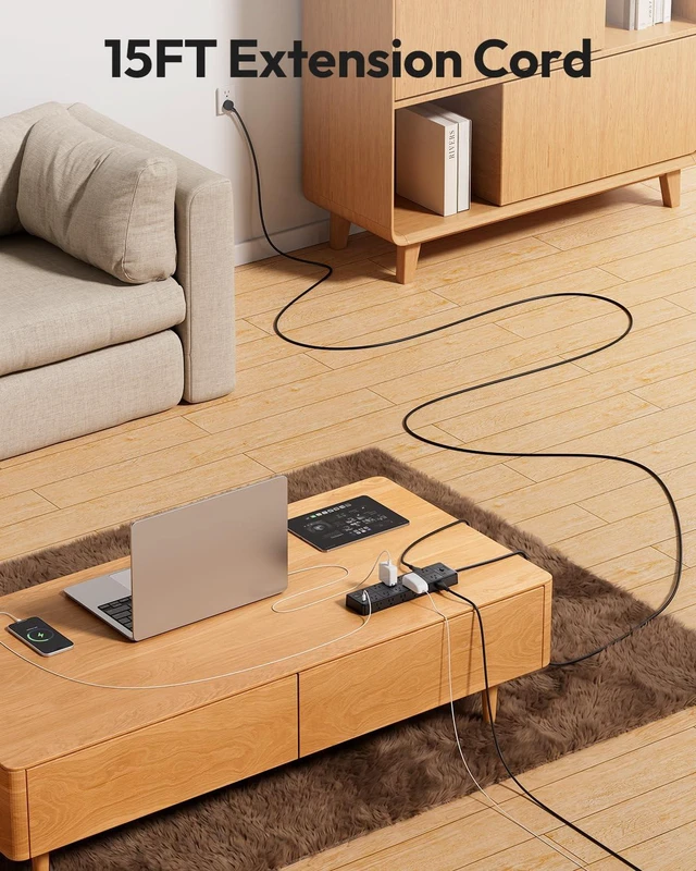 Alt view image 2 of 7 - Large Power Strip Surge Protector, 15FT Extension Cord with 24 AC Outlets, 1875W/15A, 4000 Joules Flat Plug Power Extender for Home, Office, Dorm, Gaming Room, Black