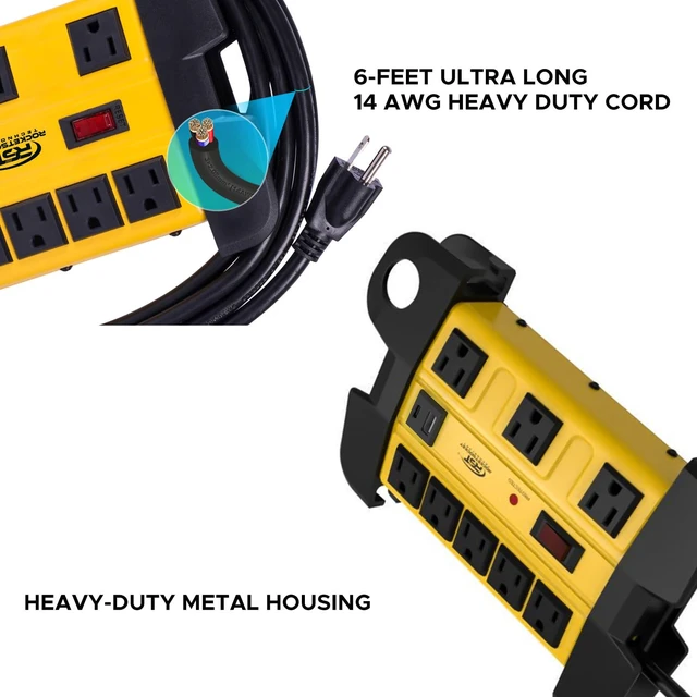 Alt view image 3 of 6 - 8-Outlet Heavy Duty Surge Protector Power Strip with USB-C, ETL Listed Metal Industrial Power Bar with 15A Circuit Breaker, 6FT Extension Cord, 1350 Joules for Workshop, Garage, Office, Shop