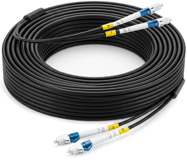 Main image of 50M/164FT LC to LC Outdoor Armored Fiber Optic Single Mode Duplex 9/125um Cable Jumper Internet Cable with a Flange, Compatible with OS1/OS2, Low Friction Lszh, Black