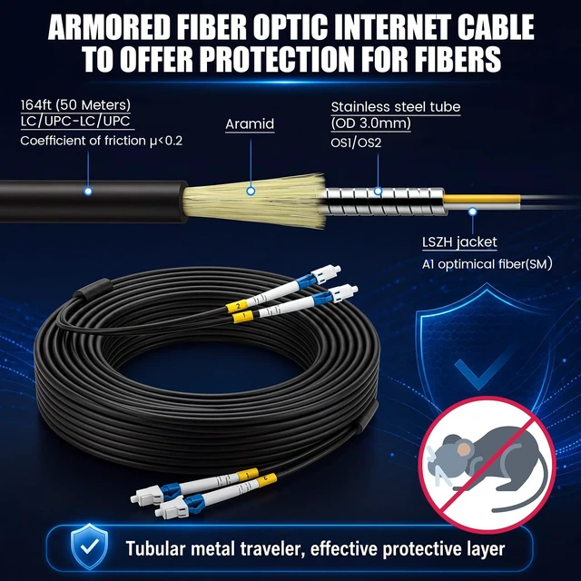 Alt view image 2 of 6 - 50M/164FT LC to LC Outdoor Armored Fiber Optic Single Mode Duplex 9/125um Cable Jumper Internet Cable with a Flange, Compatible with OS1/OS2, Low Friction Lszh, Black