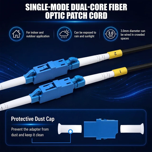 Alt view image 3 of 6 - 50M/164FT LC to LC Outdoor Armored Fiber Optic Single Mode Duplex 9/125um Cable Jumper Internet Cable with a Flange, Compatible with OS1/OS2, Low Friction Lszh, Black