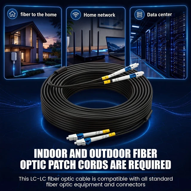 Alt view image 4 of 6 - 50M/164FT LC to LC Outdoor Armored Fiber Optic Single Mode Duplex 9/125um Cable Jumper Internet Cable with a Flange, Compatible with OS1/OS2, Low Friction Lszh, Black