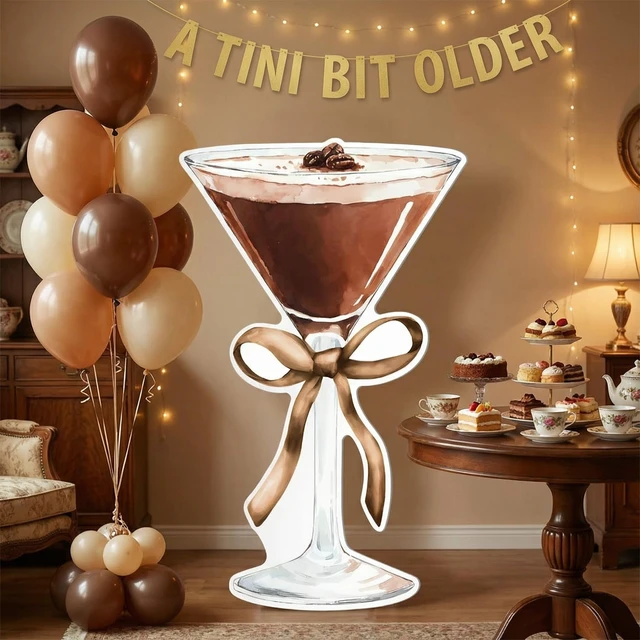 Alt view image 3 of 7 - 4ft Espresso Martini Birthday Decor Brown Cardboard Cutout a Tini Bit Older Decor, Large Martini Standee for Women Birthday, Bar Bachelorette Bridal Shower Decor with Gold Ribbon Bow